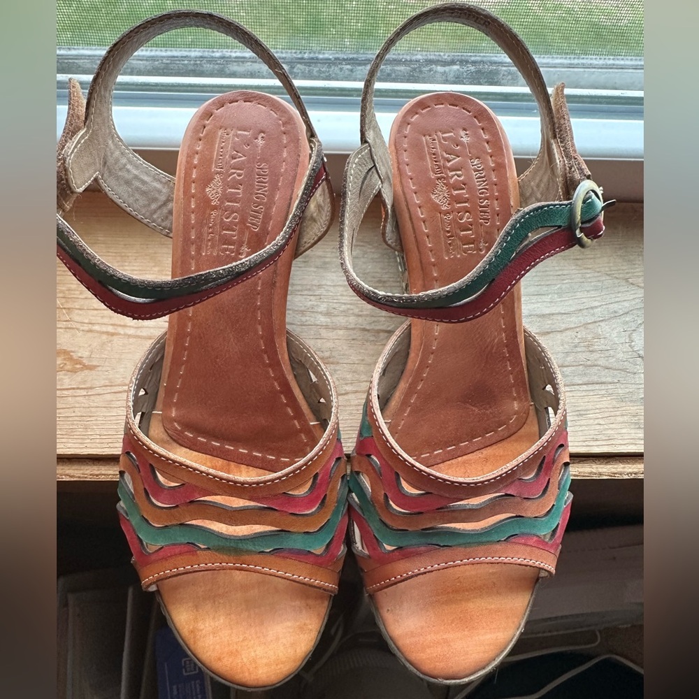 L’ Ariste by Spring Step: Multicolor Leather Wedge Sandals - Pink & Teal